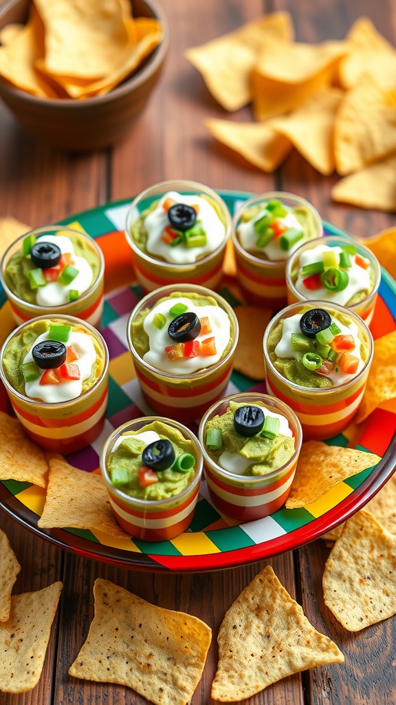 Individual cups of 7 layer dip with guacamole, sour cream, tomatoes, and olives on a platter with tortilla chips.